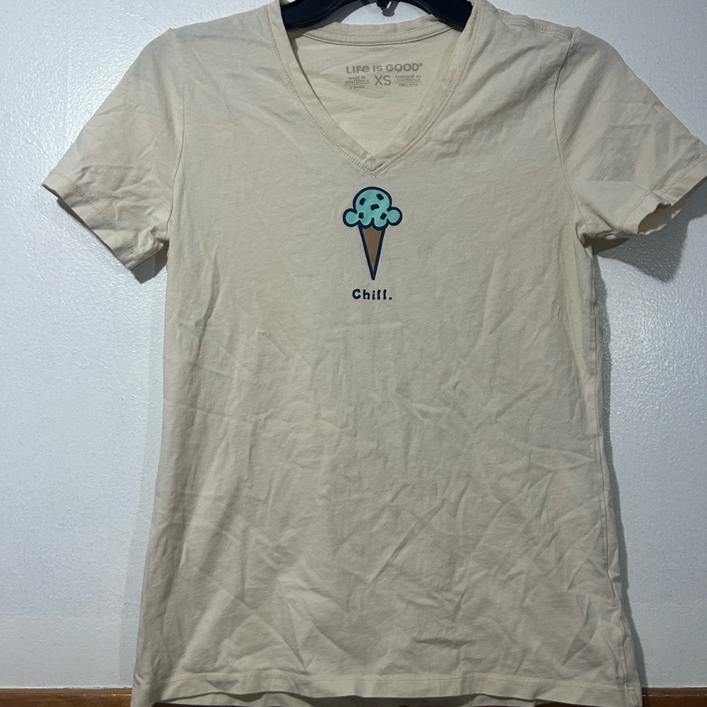 Life Is Good Women's Cream V-Neck Top with Ice Cream Design